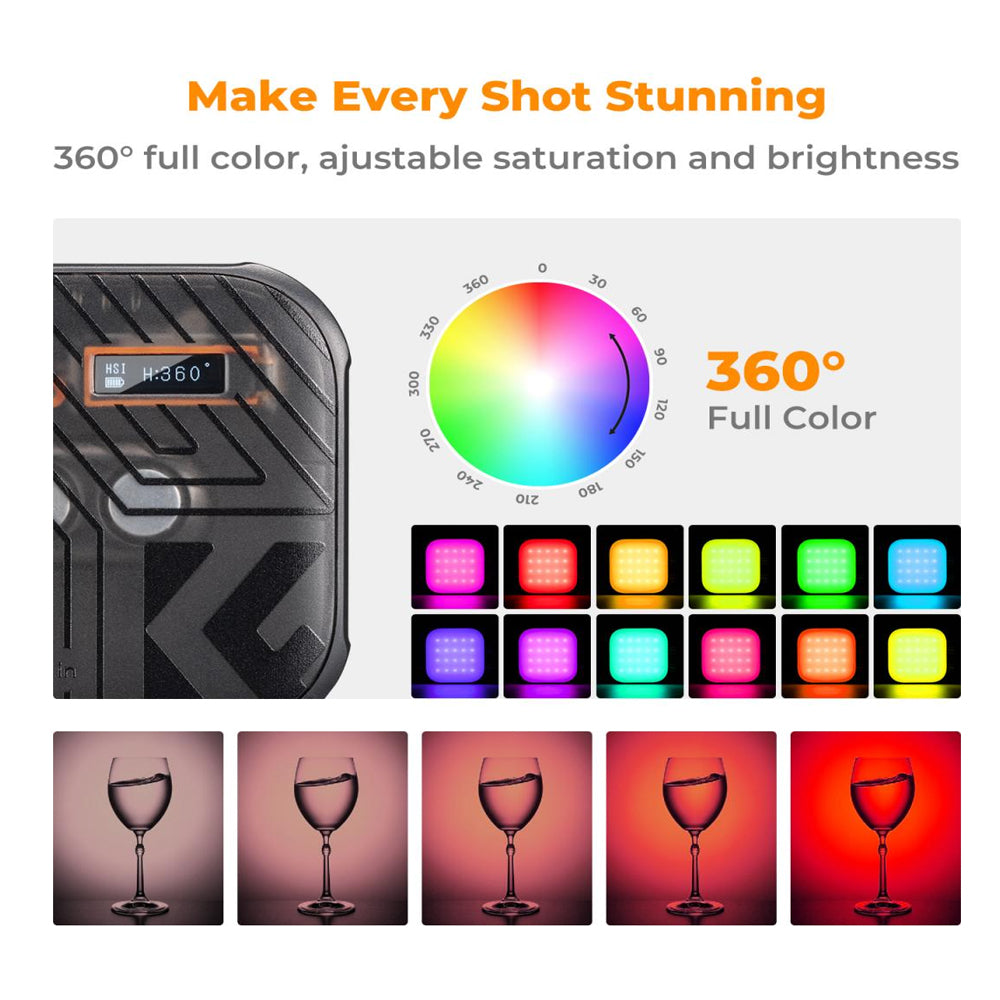 K&F Concept RGB LED Portable Video Fill Light 360° Full Color CRI 96+ with Built-In 2000mAh Rechargeable Battery & 15 Light Effects for Travel Photography Content Creation Vlogging Streaming Recording - Blue
