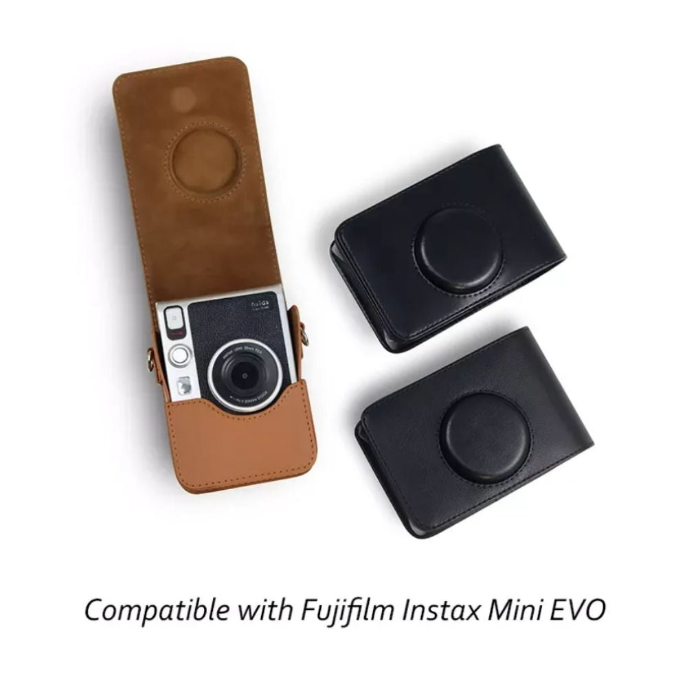 Pikxi Retro Portrait & Landscape Style Shoulder Sling Leather Case Bag for FUJIFILM Instax Mini EVO Instant Film Camera with Shoulder Strap and Formfitting Design for Controls - Available in Brown, Black, Silver, White, Pink Color Options