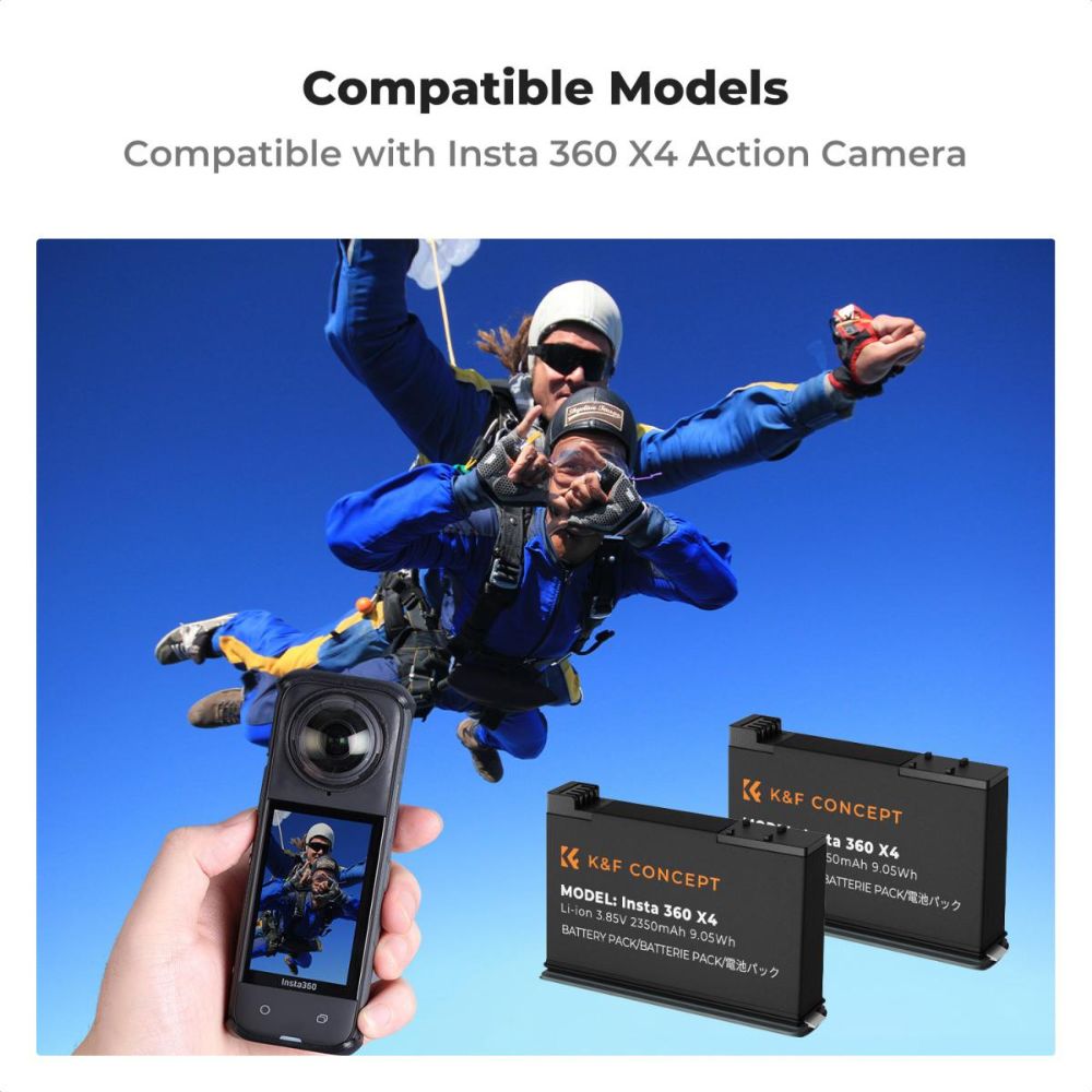 K&F Concept Insta 360 X4 2pcs (2-Pack) 2350mAh Battery + Smart LED Dual Bay Charger Set Kit with USB Type-C / Micro USB Port, Overall Charging Protection for Insta360 Action Camera