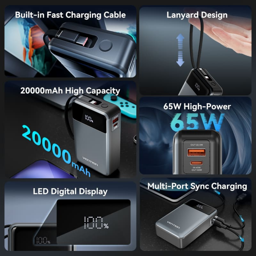 Vention 20000mAh 65W Fast Charging Power Bank with Built-in Cable, Lanyard Design, LED Digital Battery Display and Up to 3 Devicess