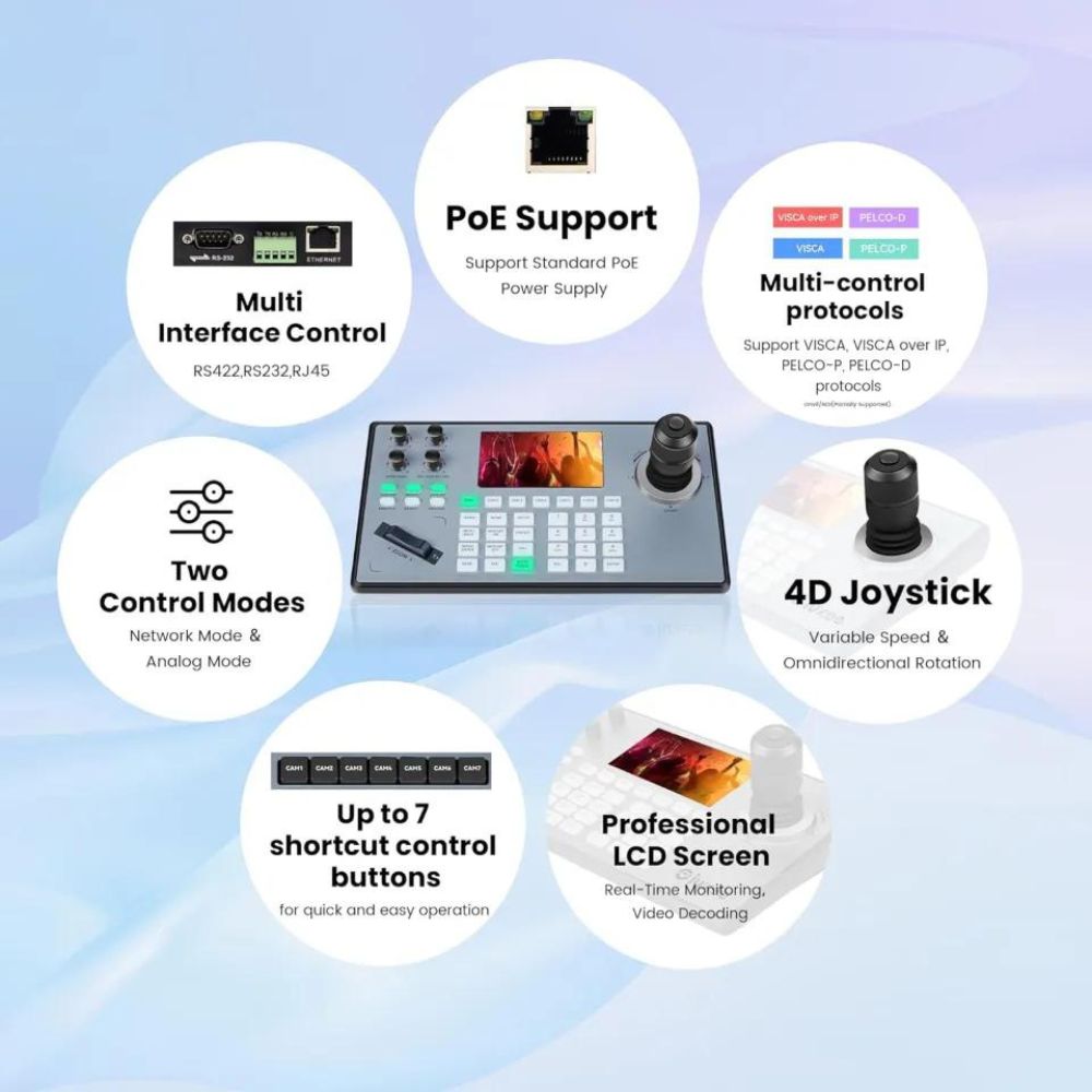 Tenveo KB200PRO PTZ Camera Controller with 4D Joystick, Multi Interfaced, PoE Support, Network / Alog Controls, 5" LCD Display, 7 Camera Shortcuts, 1080p Max Resolution Support for Conferences, Livestreams, Meetings