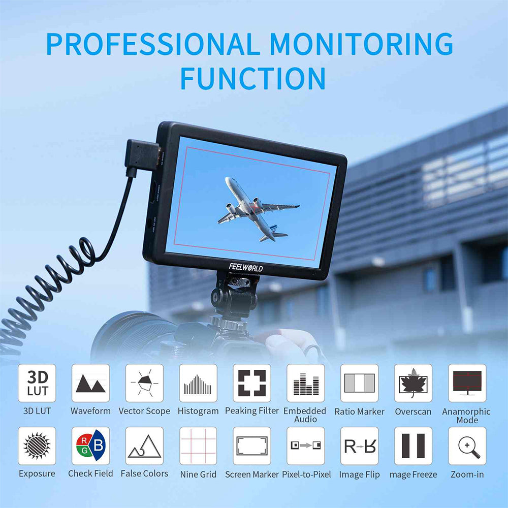 FEELWORLD T6 Camera Field Video Monitor 6" IPS with Aluminium Housing 4K HDMI Full HD, Aluminium Housing, 3D LUT, HDR, Waveform NP-F Battery Slot & Multiple Power Options