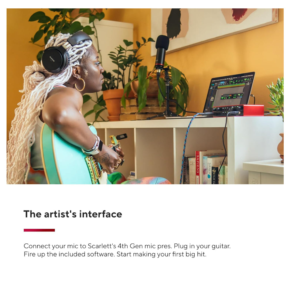 Focusrite Scarlett 2i2 4th Generation 2 In / 2 Out USB Type-C Audio Interface with XLR Mic Preamps, Headphone, 1/4" Line & Hi-Z Inputs with Auto Gain, Clip Safe, Air Mode Function, Virtual Loopback and Software Expansion Bundle