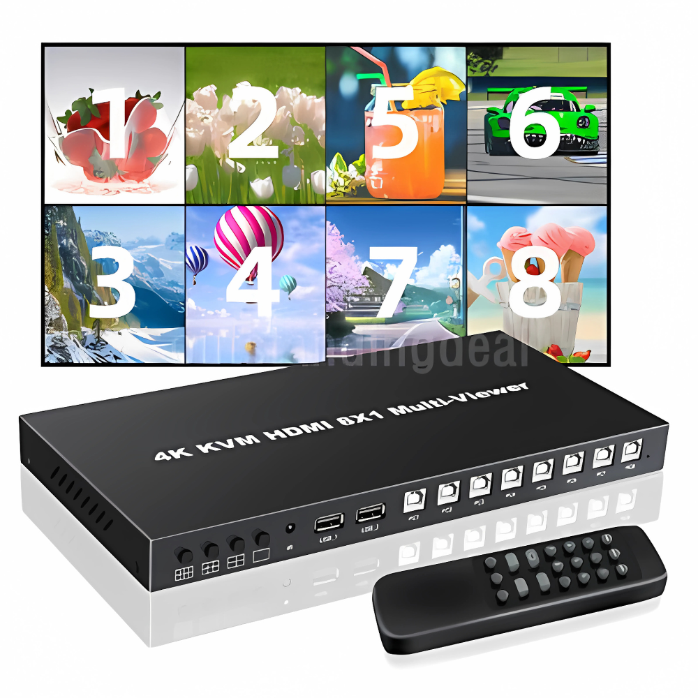 ArgoX HDSW8-V1 4K HD HDMI 8x1 KVM Multi-Viewer Seamless Switcher with 4 HDMI In 4 HDMI Out, 8 USB-A Ports for Keyboard and Mouse Sharing, Supports IR Remote Control, RS-232 Command, Audio and Video Mode Switching, AWG26 HDMI Cable Standard