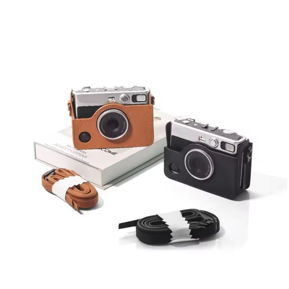 Pikxi Retro Portrait & Landscape Style Shoulder Sling Leather Case Bag for FUJIFILM Instax Mini EVO Instant Film Camera with Shoulder Strap and Formfitting Design for Controls - Available in Brown, Black, Silver, White, Pink Color Options