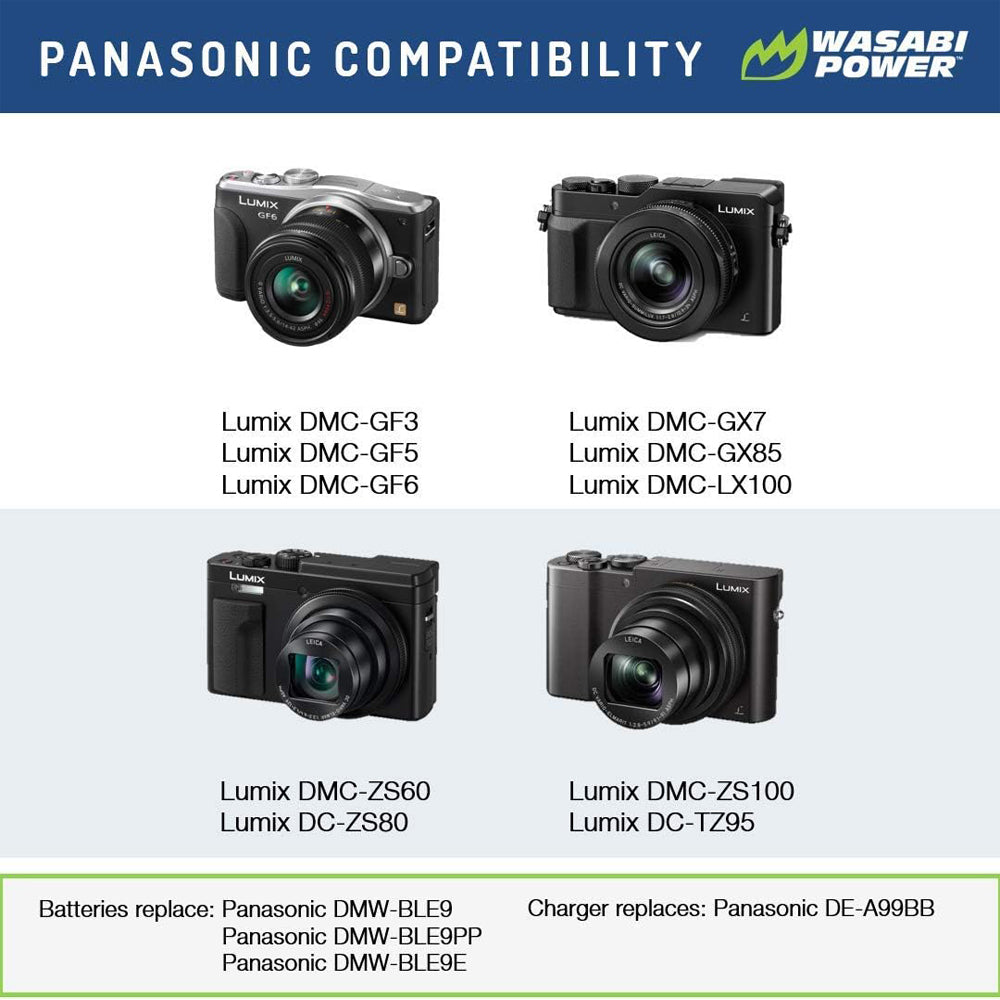 Wasabi Power Battery (2-Pack) and Dual USB Charger for Panasonic DMW-BLE9, BLE9 DMW-BLG10 BLG10 and Panasonic Lumix DMC-GF3, DMC-GF5, DMC-GF6, DMC-GX7, DMC-GX85, DMC-LX100, DMC-ZS60, DMC-ZS100 | JG Superstore