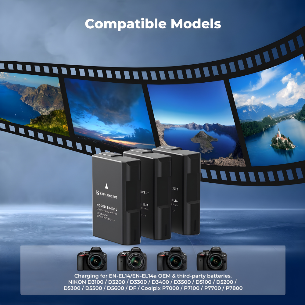 K&F Concept EN-EL14 3pcs Battery + Triple Bay Charger Kit