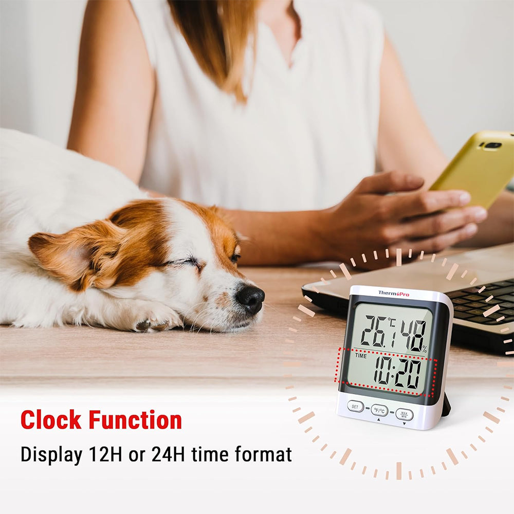 ThermoPro TP152 Indoor Hygrometer & Thermometer with Clock, Accurate Temperature & Humidity Monitor, Large LCD Display, Max/Min Records, for Living Room, Kitchen, Home, Office, Greenhouse, Baby Room and Wine Cellar