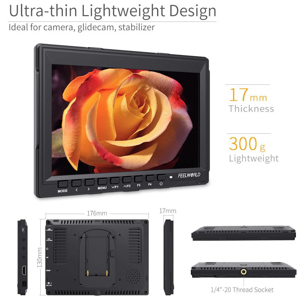 FEELWORLD FW759 7" IPS On Camera Field LCD Video Monitor with 4K HDMI AV Input / Output, 400Nits Brightness, Video Assist Functions, F970 Battery Plate Mount Input Power