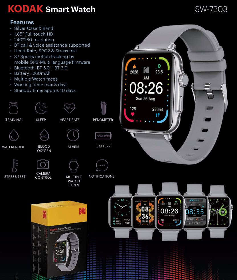 KODAK SW-7203 / SW-7204 Smart Watch IP68, Bluetooth 5.3 / 5.0, 1.85" / 1.28" HD Full Touchscreen Display, 260mAh / 200mAh Max 5 Days Battery Life, Mobile GPS, Health Monitoring, Multiple Preloaded Watch Faces | Black, Silver