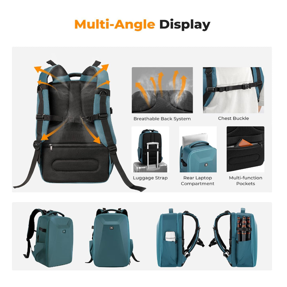 K&F Concept 22 Liters Waterproof HardShell Backpack Kpsack with Padded Dividers, fits 15.6" Laptop, Drone, Camera and Other Photography Accessories | Black, Grey, Khaki, Blue, Green