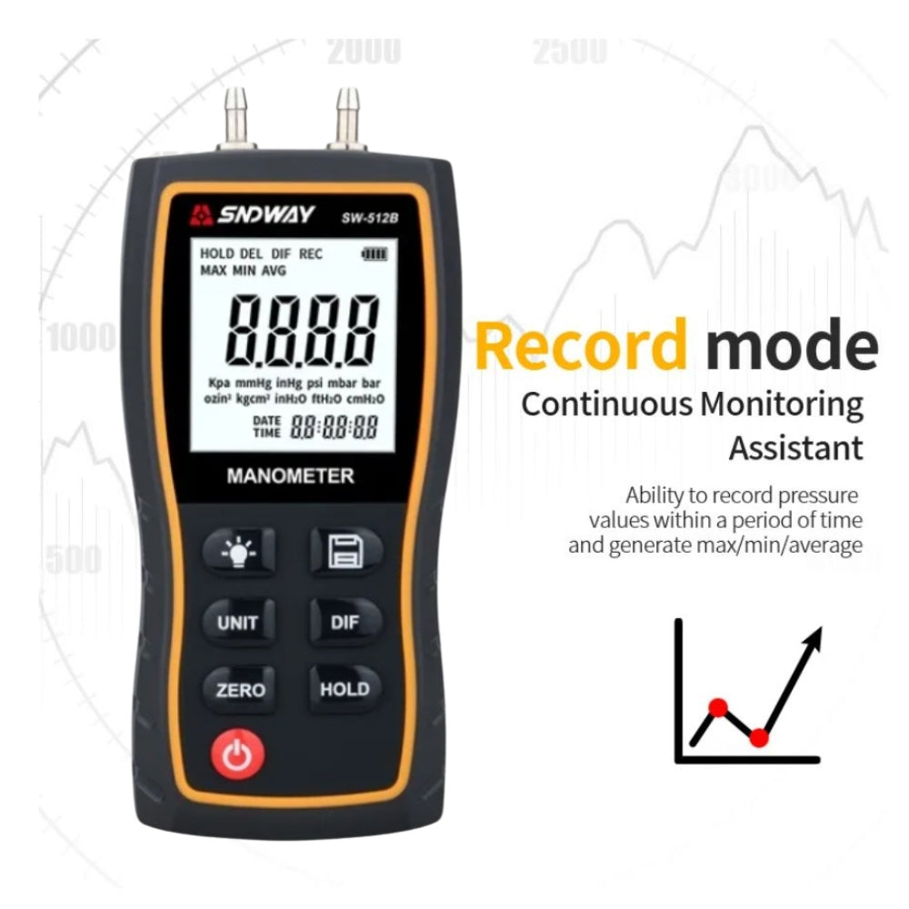 SNDWAY Digital Manometer Air Pressure Gauge with +39.99 kPA Measurement Range, LCD Display, Multi-Unit Switching and 3.18mm Pressure Connection | SW-512B