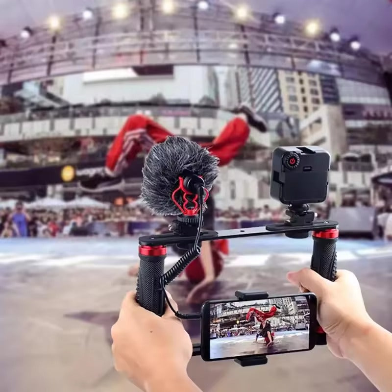 Pxel Handheld Video Kit Cage for Smartphone with Dual Arm Silicon & PVC, Phone Holder, Mini Microphone, Adjustable Mini LED Light, 1/4" Threading & Dual Adjustable Cold Shoe for Video Shoot and Vlogging | AA-VG1 | AA-VG2