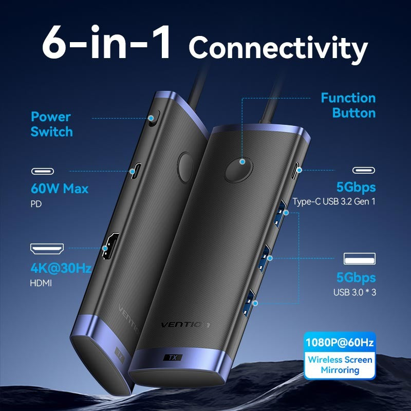 Vention 6-in-1 USB-C Wireless Transmitter TX & HDMI Receiver RX Docking Station with 4K/30Hz / 1080p/60Hz HD Screen Mirroring Resolution, 5Gbps Transfer Speed, 50M Range for PC, Computer, Laptop, Tablet, Smartphone to TV, Monitor, Projector