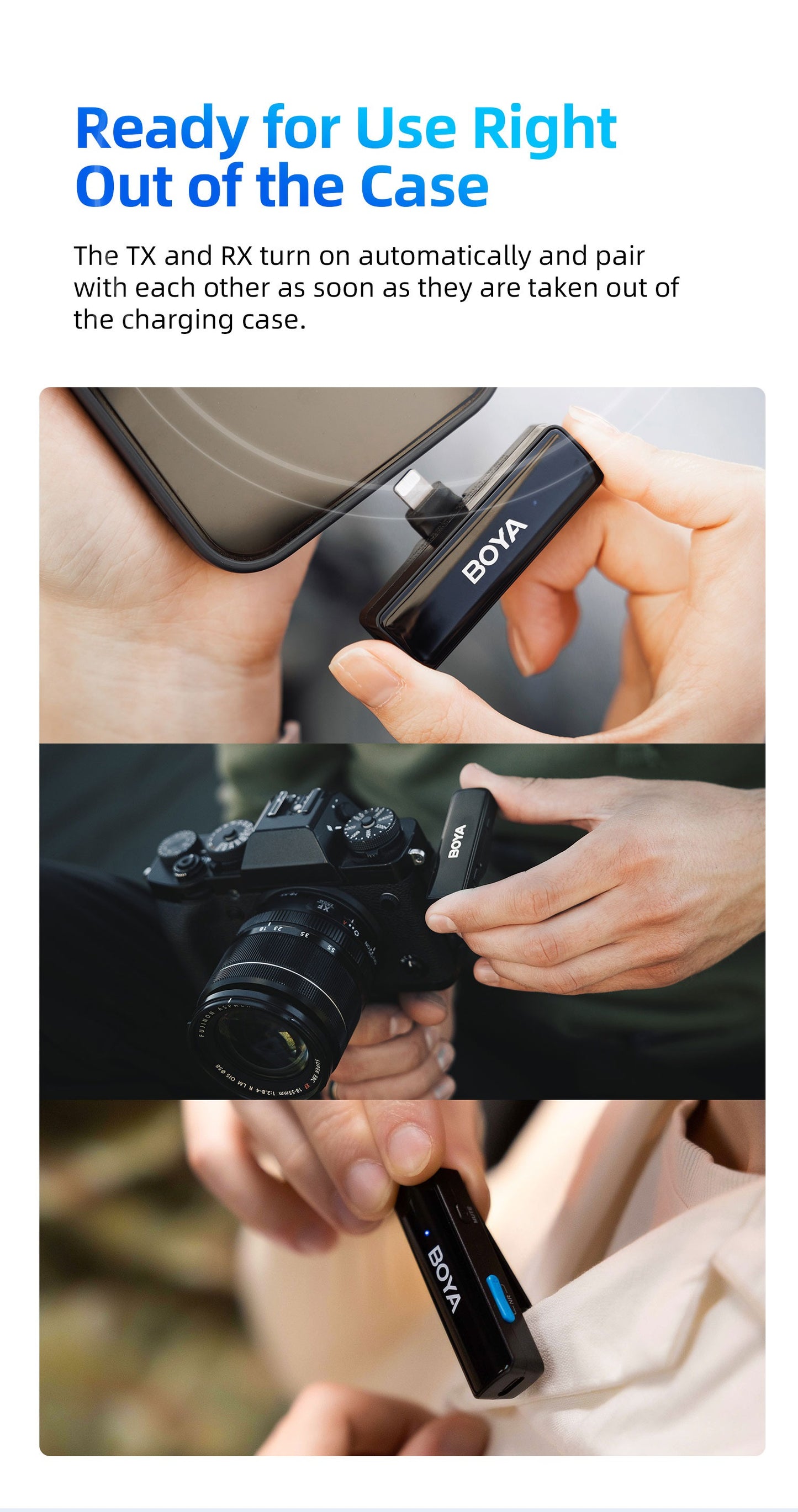 BOYA Boyalink A1 / A2 Multicompatible 2.4GHz Wireless Omnidirectional Microphone System w/ USB Type-C, Lightning, 3.5mm TRS Connectors, Bypass Charging, Noise Reduction, Gain Control, Mono / Stereo, 100M Max Range for Vlogging, Interviews