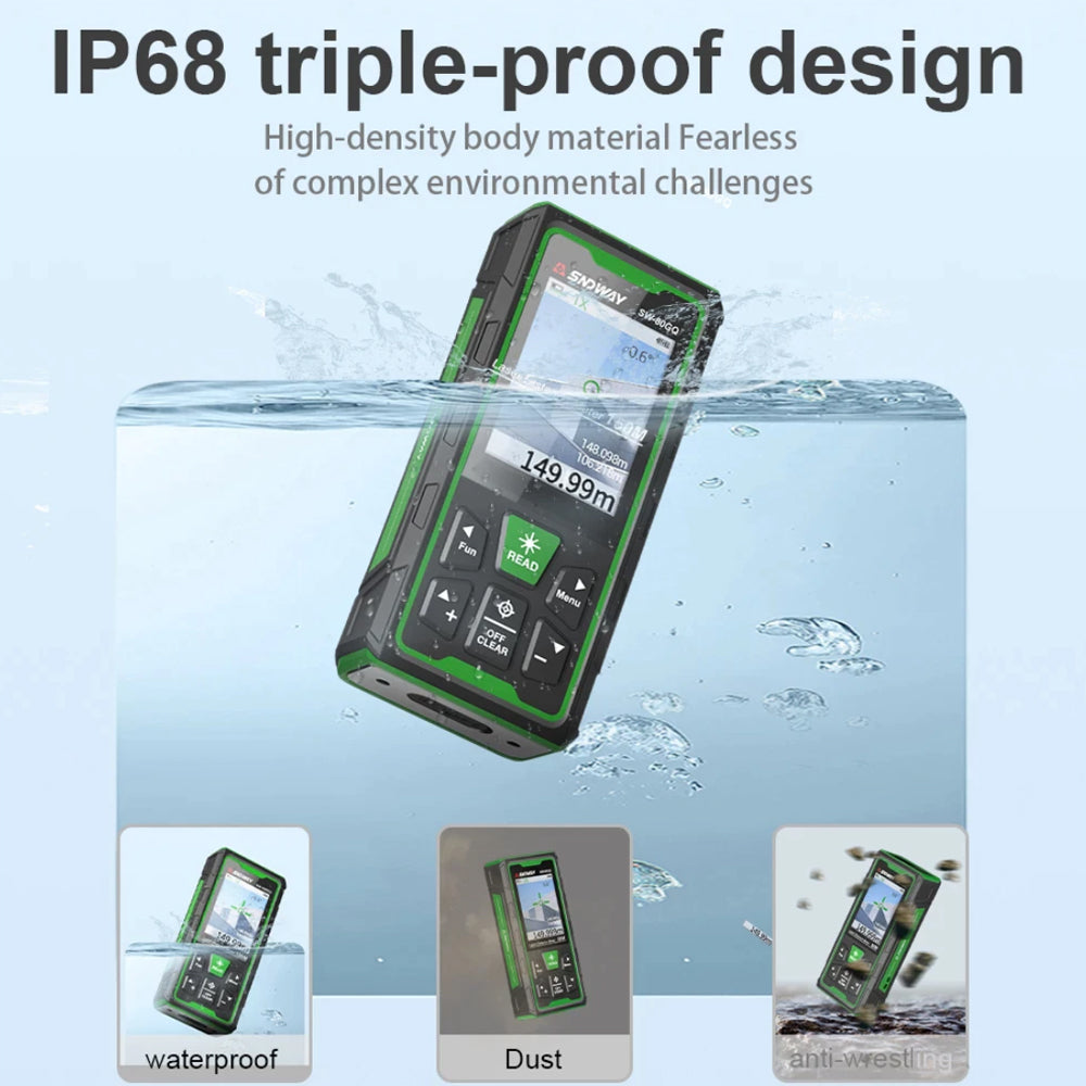 SNDWAY SW-150GQ Outdoor Green Beam Laser Distance Meter Digital Rangefinder with 3MP Camera, 150m Max Distance, IP68 Water and Dust Resistant, 2000mAh Rechargeable Battery, 90° Electronic Level Angle Sensor for Length Area Volume