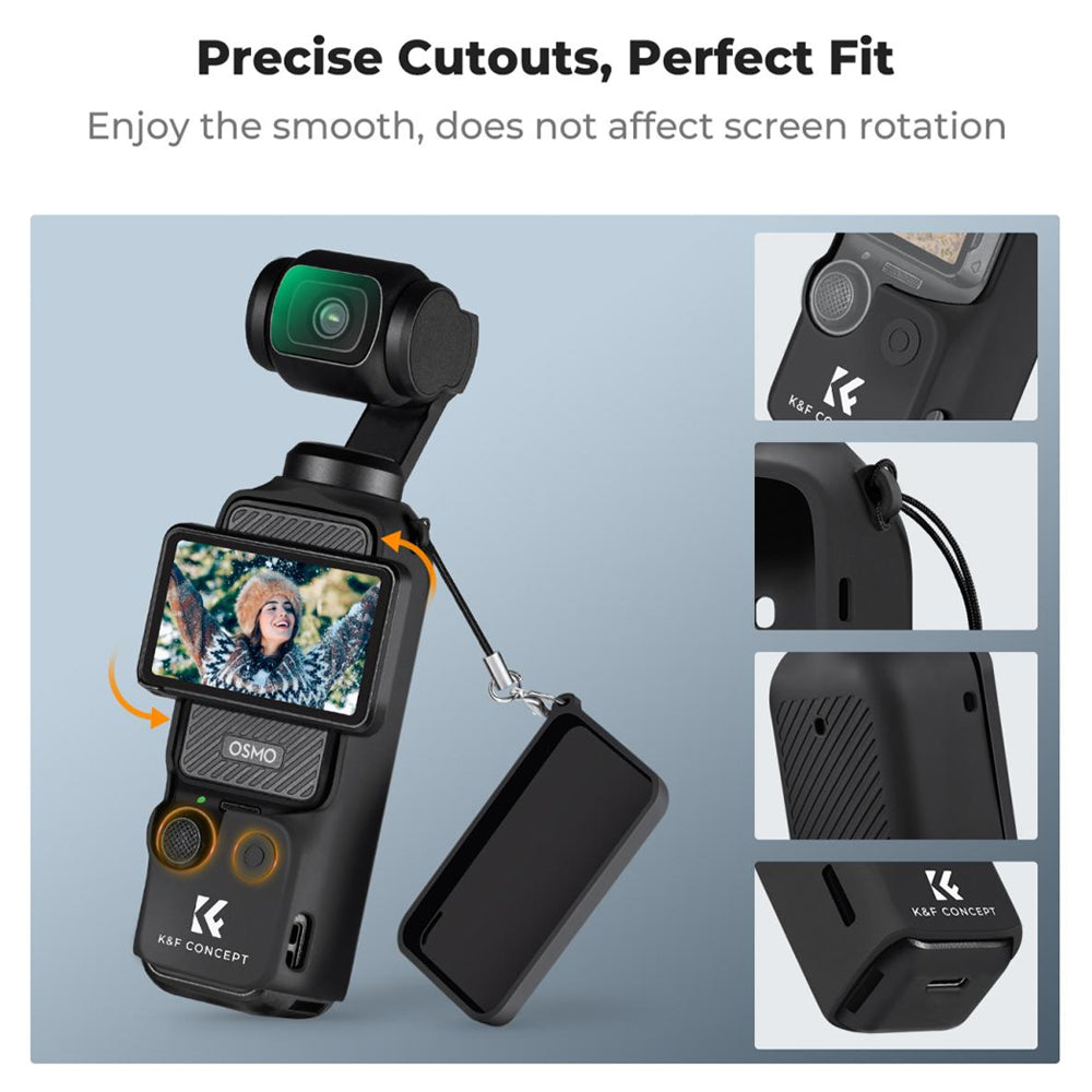 K&F Concept Silicone Protective Body Case Sleeve with Screen Cover & Lens Protector for DJI Osmo Pocket 3 Action Camera, Anti-Loss Wrist Strap Rope, Explosion-Proof Tempered Glass, Water, Dust and Scratch Resistant | KF31-110