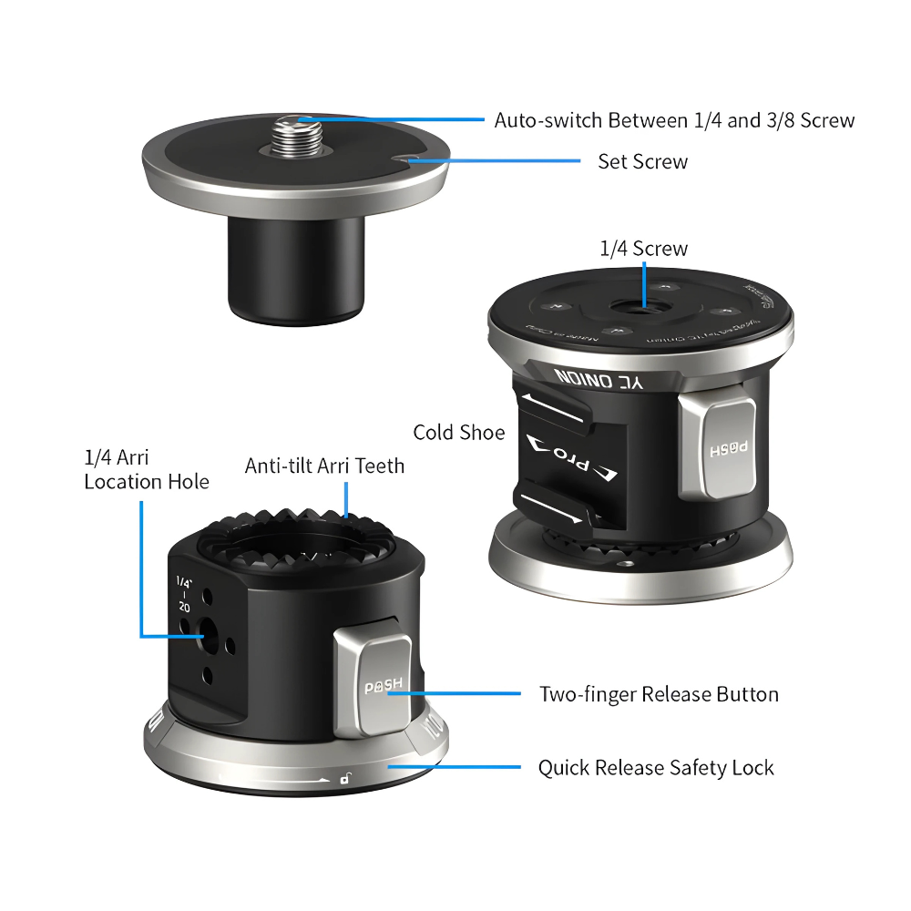 YC ONION MPQ55 Aluminum Quick Release Knob for Pineta Pro Monopod QR Plate with 1/4" ARRI Locating Hole, QR Dual Release Button, Cold Shoe Mount, Safety Lock & 1/4 - 3/8" Screw, Tripod Heads, Clamps & Mounting Systems