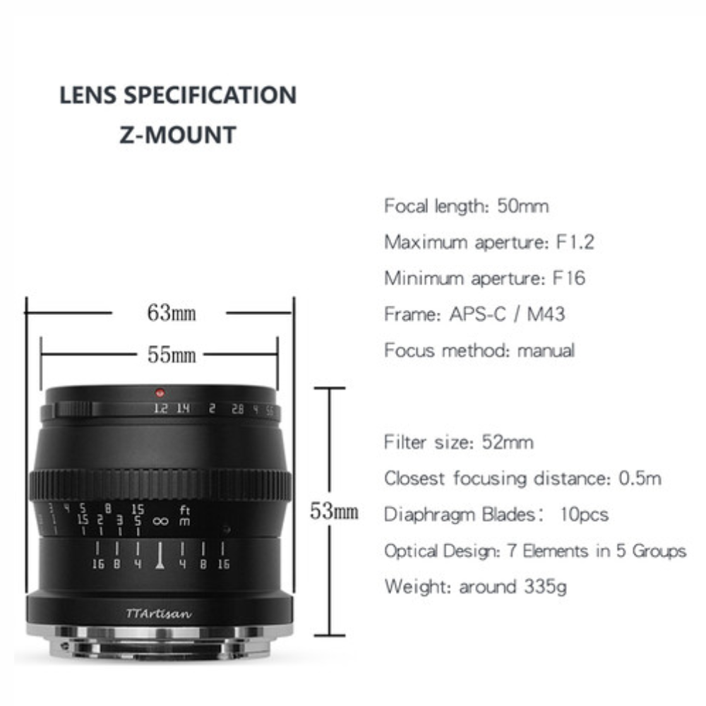 TTArtisan 50mm F/1.2 APS-C Format Nikon Z Mount Portrait Prime Lens Large Aperture Sonr Optical Design Full Metal Body, MF Manual Focus, 19.2" Focus Distance, Clicked Aperture Ring for Smooth Bokeh & Low Light Photography | Black