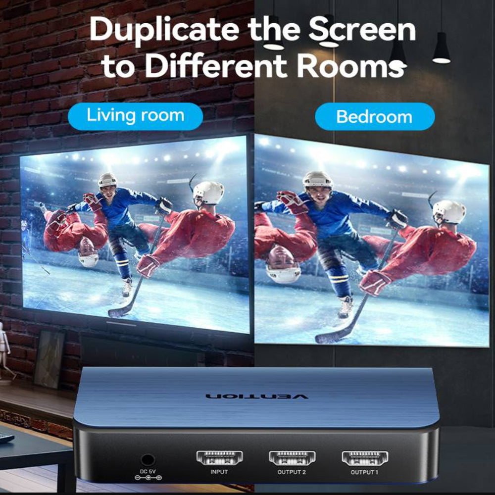 Vention 1 In 2 Out HDMI 2.0 4K Ultra High Definition HDR HDMI Video Splitter with Power Supply Adapter & Sigl Transmission Up to 30 Meters for Desktop Computer Laptop PS5/4/3 Gaming Console Media Player Smart TV Display Monitor Projector