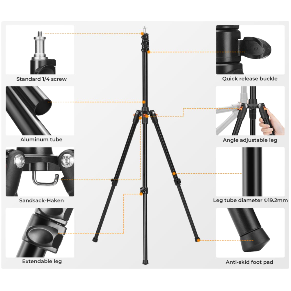 K&F Concept Foldable Aluminum Light Stand with 5kg Load Capacity, 2 Meters Max Adjustable Height, Reversible Non-Slip Legs, 1/4" Universal Screw for Cameras, Photography Studio and Lighting Equipments | 1-Pack / 2-Pack Options