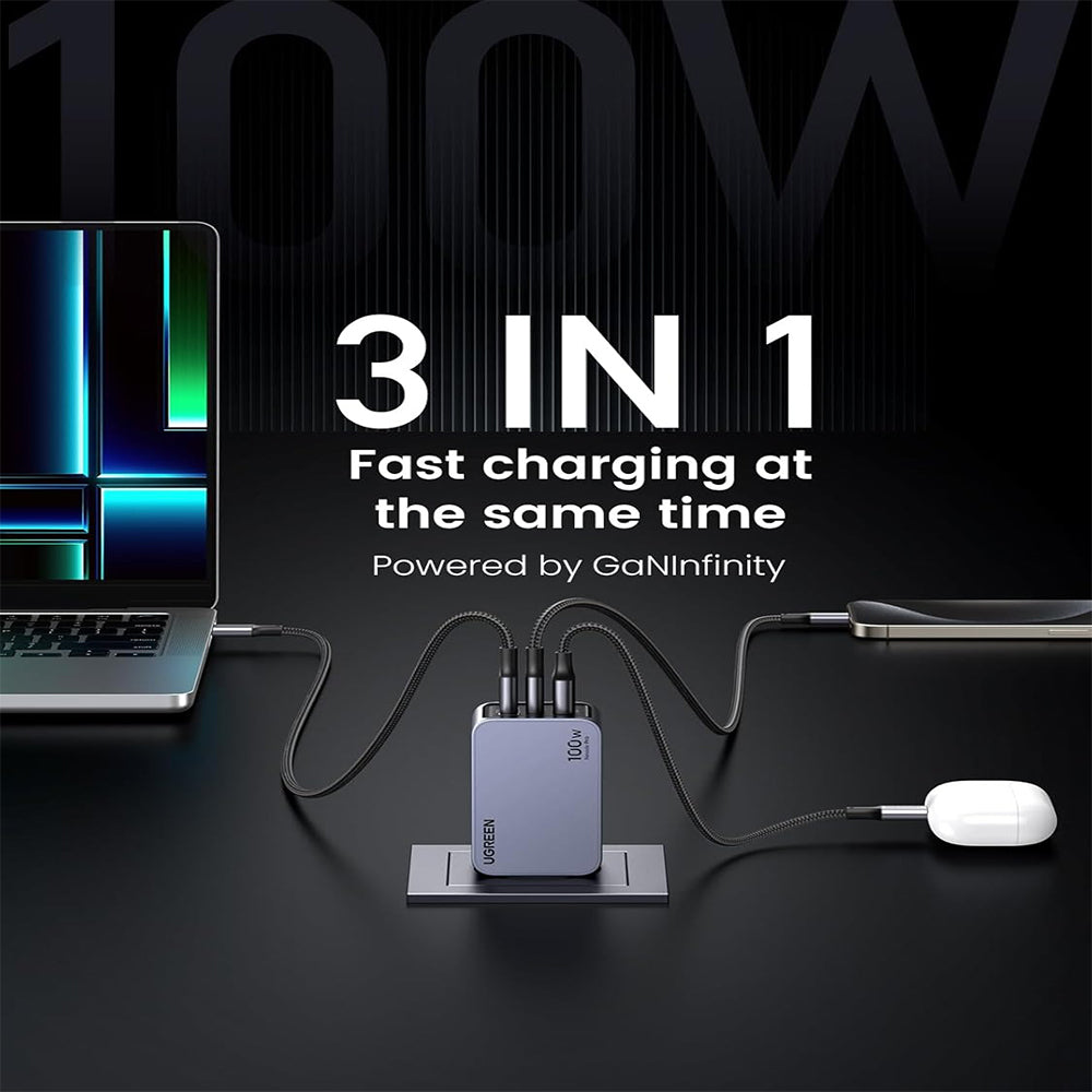 UGREEN Nexode Pro 100W 3-Port GaN Fast Charger with PD 100W USB Type-C Charging Cable for Smartphones, Tablets, Computer Laptops, Earbuds, iPhone 16/15, iPad Pro/Air, MacBook