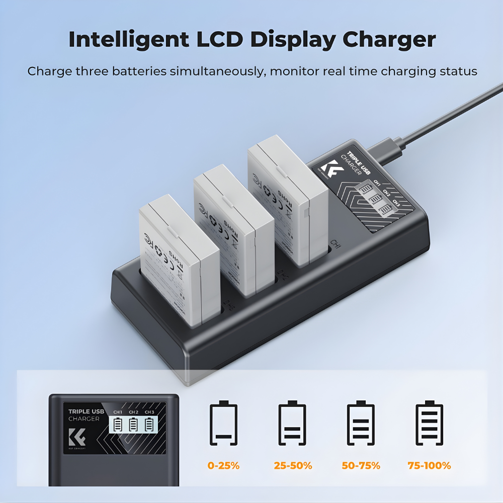 K&F Concept LP-E8 LPE8 (3-Pack) Batteries Triple Bay USB Charger Kit