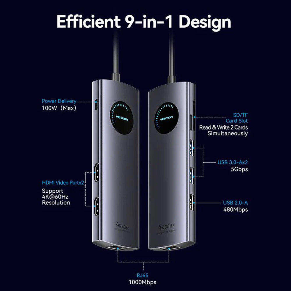 Vention 9-in-1 USB 3.0 Multi-Interface MST Docking Station with 5Gbps USB Hub, 4K@60Hz HDMI Video, SD / TF Card Reader, 1000Mbps RJ45 Ethernet, and 100W PD Charging Ports for Desktop Computer Laptop Smart TV Display Monitor Network Device