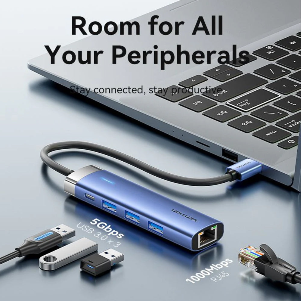 Vention 5-in-1 USB 3.0 Hub with RJ45 Gigabit Ethernet, Type C Power Supply Port, and Supports Windows Linux MacOS Android for Desktop Computer Laptop Mobile Phone iPad Keyboard Mouse Card Reader Flash Drive Portable HDD / SSD