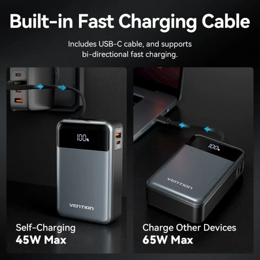 Vention 20000mAh 65W Fast Charging Power Bank with Built-in Cable, Lanyard Design, LED Digital Battery Display and Up to 3 Devicess