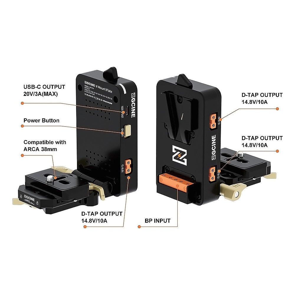 ZGCINE VM-VP4 QR Quick Release V-Mount Battery Plate with USB-C PD 5V–20V Output, 3 D-Tap 14.8V Outputs, Arca-Swiss Quick Release, 90 Degrees Tiltable & Foldable Design, Tripod Compatible, Power Plate for DSLR & Mirrorless Cameras, Filmmaking