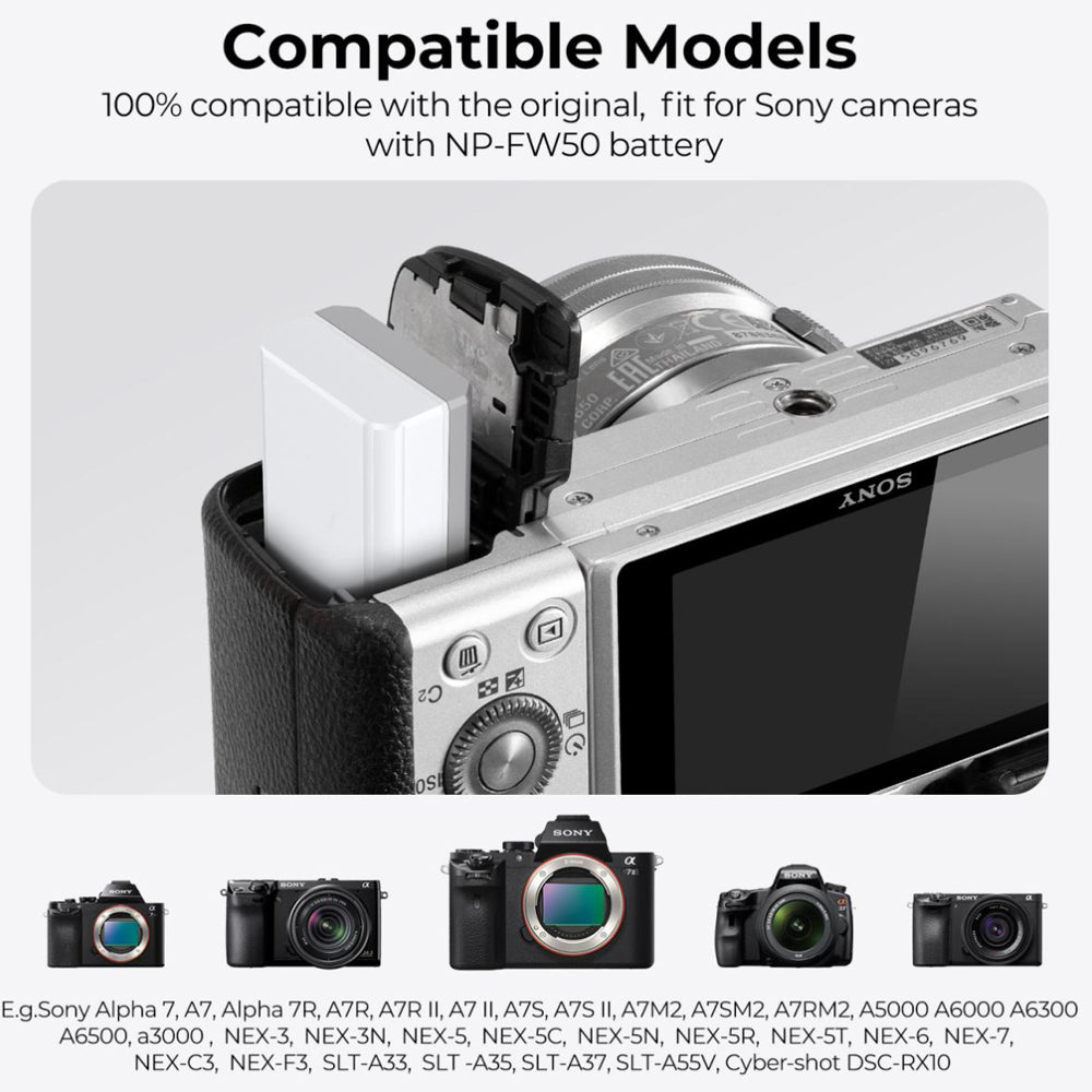 K&F Concept NP-FW50 Battery Pack Li-Ion 7.2V 1100mAh with USB Type-C Connector Direct Charging for Selected SONY Digital Camera ZV-E10, Alpha 7, A7, A7II, A7RII, A7SII, A7S, A7S2, A7R, A7R2, A5000,A6000, A6500, A6300, NEX-3, NEX-5, etc.