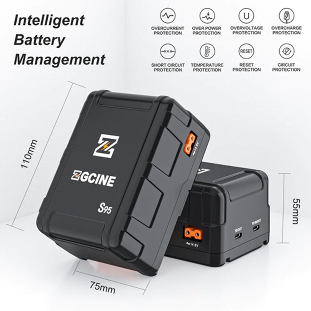 ZGCINE ZG-S150 133Wh / ZG-S95 95Wh V-Mount Battery with Dual USB-C PD Ports 100W Fast Charging, 2 D-Tap and Barrel DC Outputs, 5-Level LED Indicator, Compact Power Hub for Mobile Phones, Cameras, LED Lights, Monitors and Video Production
