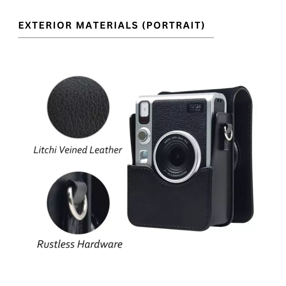 Pikxi Retro Portrait & Landscape Style Shoulder Sling Leather Case Bag for FUJIFILM Instax Mini EVO Instant Film Camera with Shoulder Strap and Formfitting Design for Controls - Available in Brown, Black, Silver, White, Pink Color Options