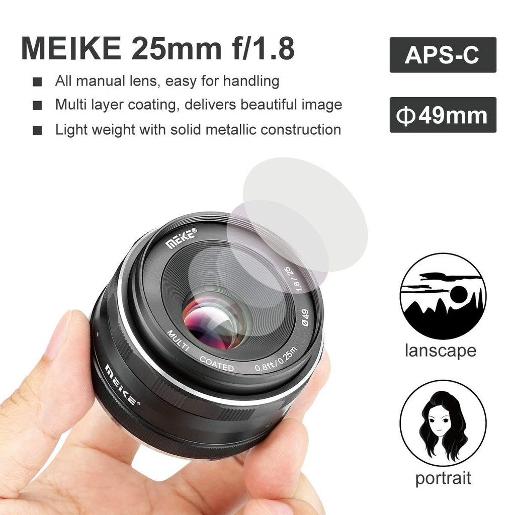 Meike 25mm f/1.8 Large Aperture Wide Angle Lens Manual Focus Lens (E-Mount) for Sony Mirrorless Cameras