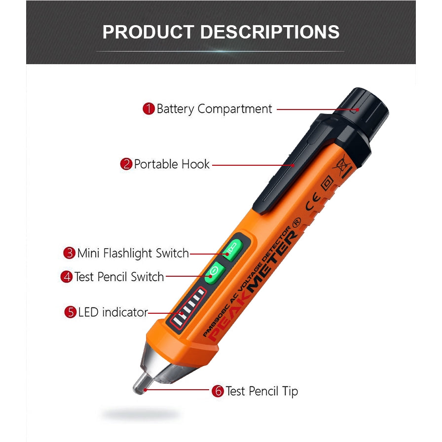 PeakMeter PM8908C Non-contact AC Voltage Detector Tester Meter 12V-1000V Pen style Voltage Detector