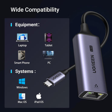 UGREEN USB Type C to RJ45 Ethernet Adapter with 2.5Gbps Fast Network Speed for Laptops (Windows / MacOS / MacBook / Dell XPS) iPad and iPhone 15/16 Plus Pro Max | CM648