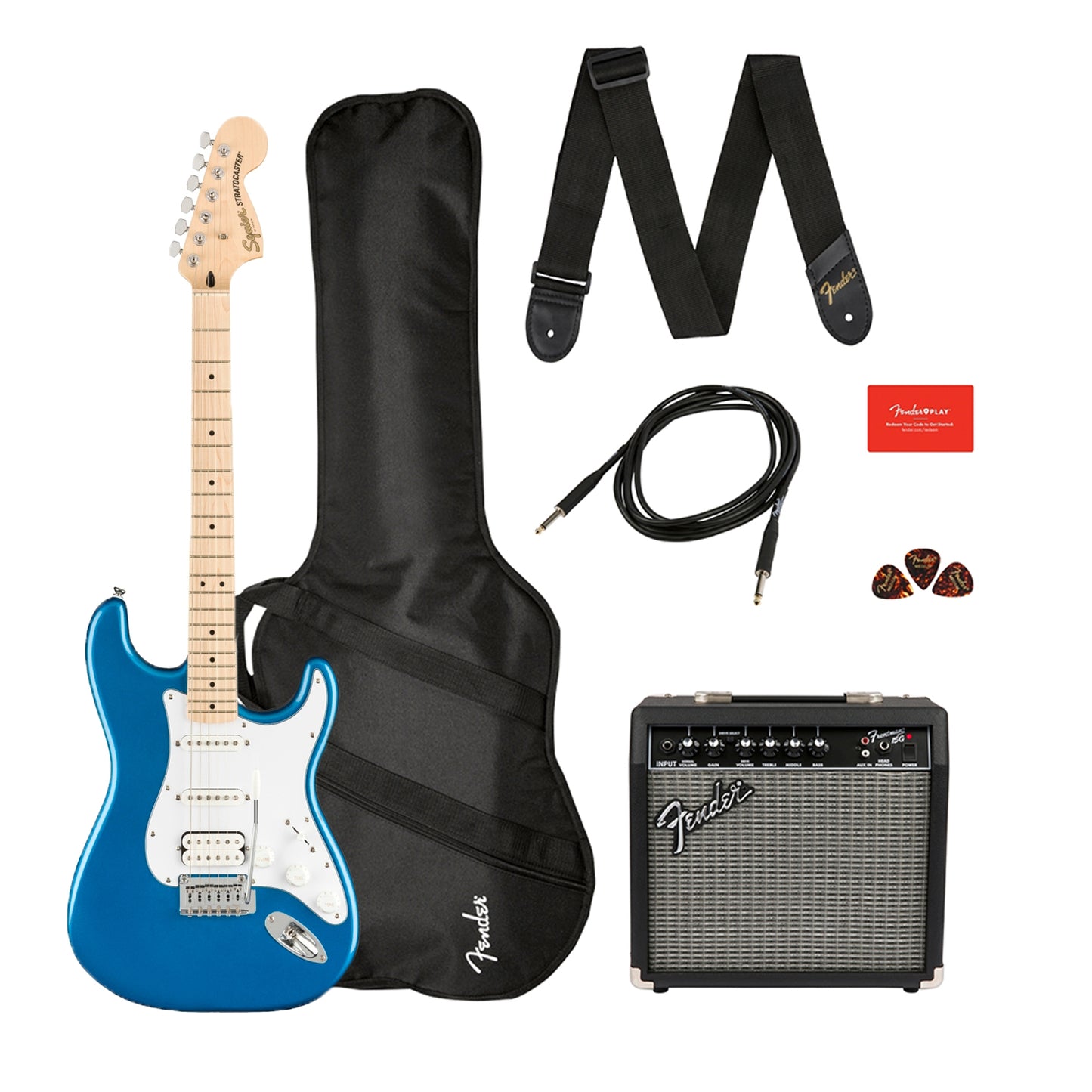 Squier by Fender Affinity Stratocaster HSS Pack (Electric Guitar, Frontman 15G Amplifier 230V EU, Gig Bag, Picks, Strap, Cable) (Black, Blue)