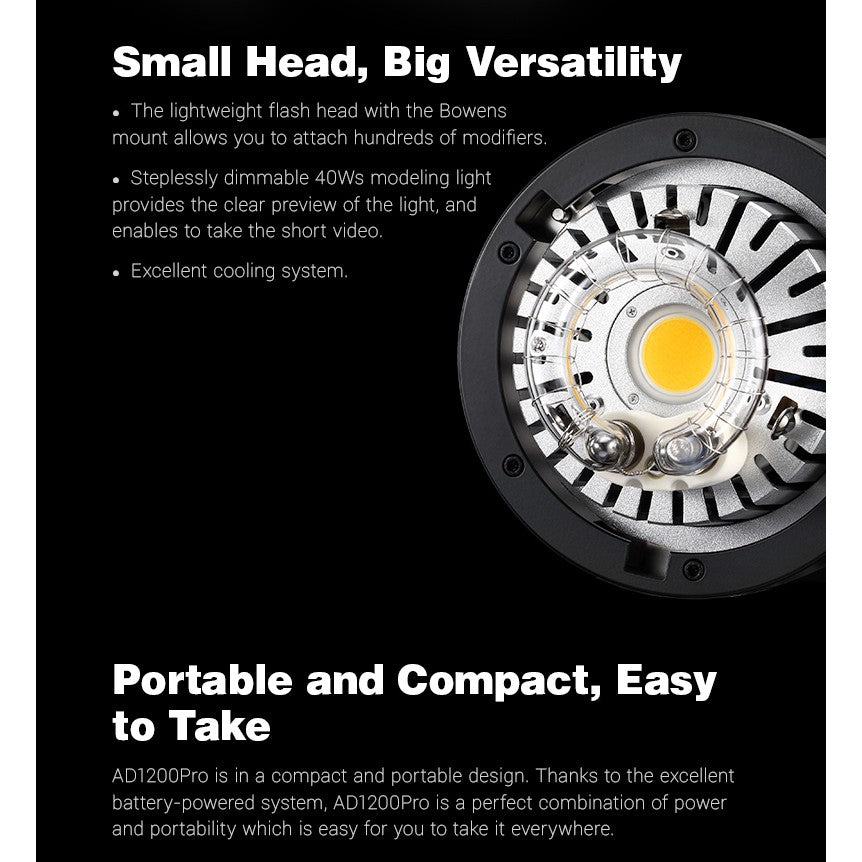 Godox AD1200Pro Battery Powered 1200W Camera Flash System, 2.4G TTL 40W Flash Strobe LED Monolight with 100M Max Range, 5200mAh High Capacity Battery for Studio and Lighting Equipment