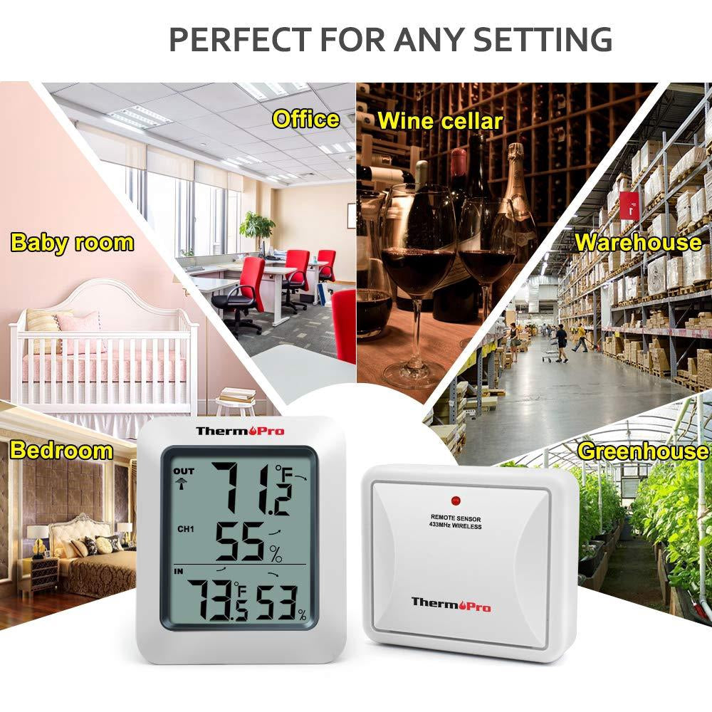 ThermoPro TP-60 Digital Hygrometer Indoor Outdoor Thermometer Humidity Monitor, with Temperature Gauge Meter, Wireless, 200ft/60m Range