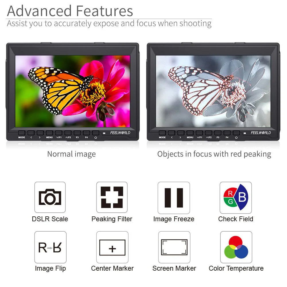 FEELWORLD FW759 7" IPS On Camera Field LCD Video Monitor with 4K HDMI AV Input / Output, 400Nits Brightness, Video Assist Functions, F970 Battery Plate Mount Input Power