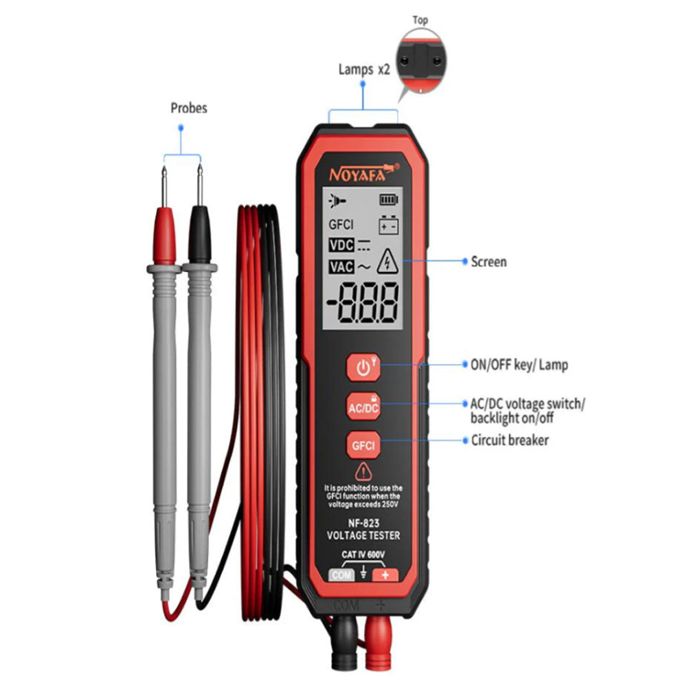Noyafa NF-823 AC/DC Voltage Detector with High Precision 100mV to 610V Fast 0.5 Seconds Detection, GFCI Function, LCD Display with 2 LED Lights and Wear Shock Resistant for Electronics