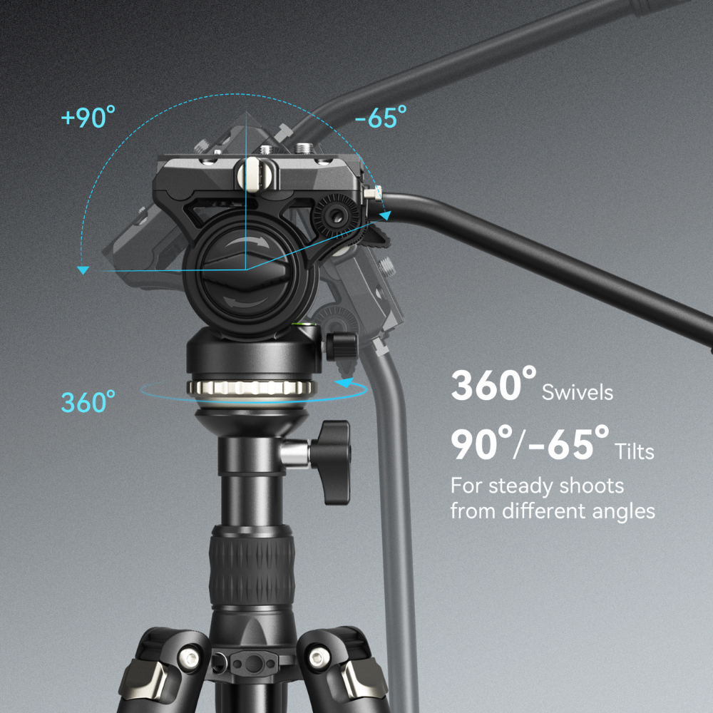 SmallRig CT-210 Aluminum Camera Video Tripod Kit - Sp-On Type Quick Release Fluid Head, Reversible Center Column, 192cm Max Height, 6kg Load Capacity, 4-Section Legs, 360° Panning & 90°/-65° Tilting, Monopod Configuration | 4475