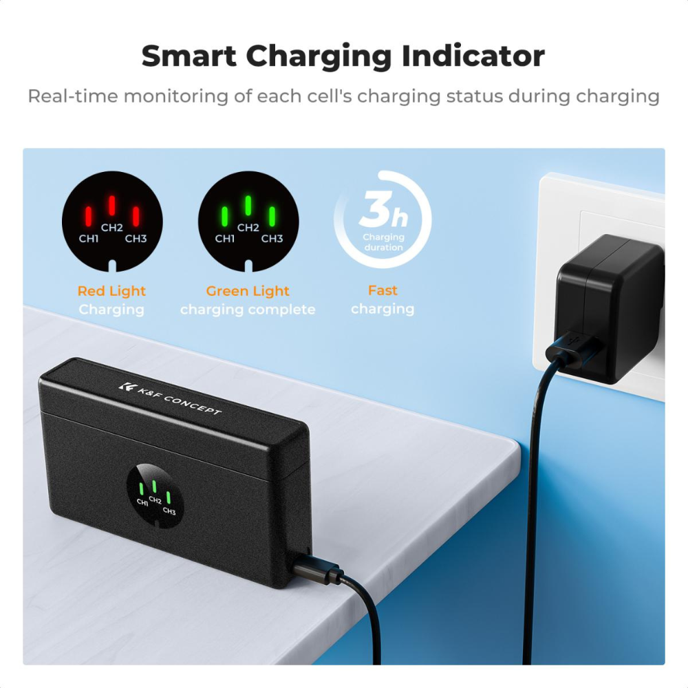 K&F Concept 3-Pack GoPro Hero 13 Action Camera Battery & Triple-Slot Charger Kit with 2100mAh Capacity, LED Light Indicator, USB-C Charging Cable & Port