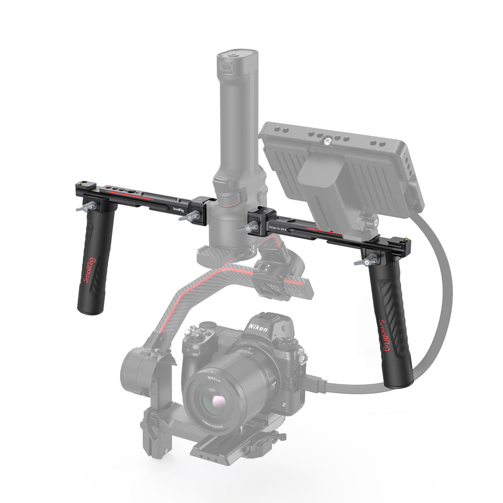 SmallRig Dual Handgrip Horizontal Arm Mount with 1/4"-20 & 3/8"-16 Accessory Threads, Locking Levers, Silicone Grips, Nato Rails, and Shoe Mount for DJI RS 2 / RSC 2 / RS 3 / RS 3 Pro / RS 4 / RS 4 Pro Gimbals 3027