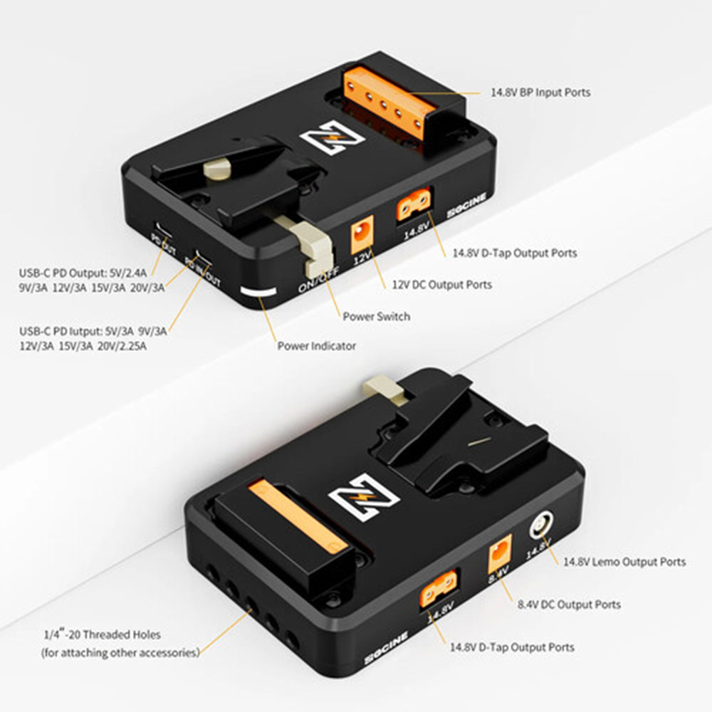 ZGCINE VP2 KIT1 | KIT3 V-Mount Battery Plate with Articulating Arm and 15mm LWS Rod Bracket, Dual D-Tap, 2-Pin LEMO, USB-C PD Input/Output, USB-A QC, DC, BP Output, 1/4"-20 Mount Threads, LED Battery Indicator for Photography & Videography