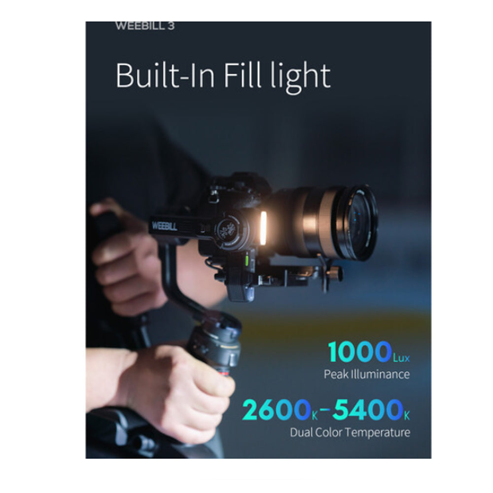 Zhiyun Weebill 3 Camera 3-Axis Handheld Gimbal Stabilizer with Built-in Bi-Color LED Fill Light & Noise Cancelling Hi-Fi Microphone, 21 Hours Battery Life, Dual Quick Release Plate System, PD Fast Charging, Multifunction Control Wheel