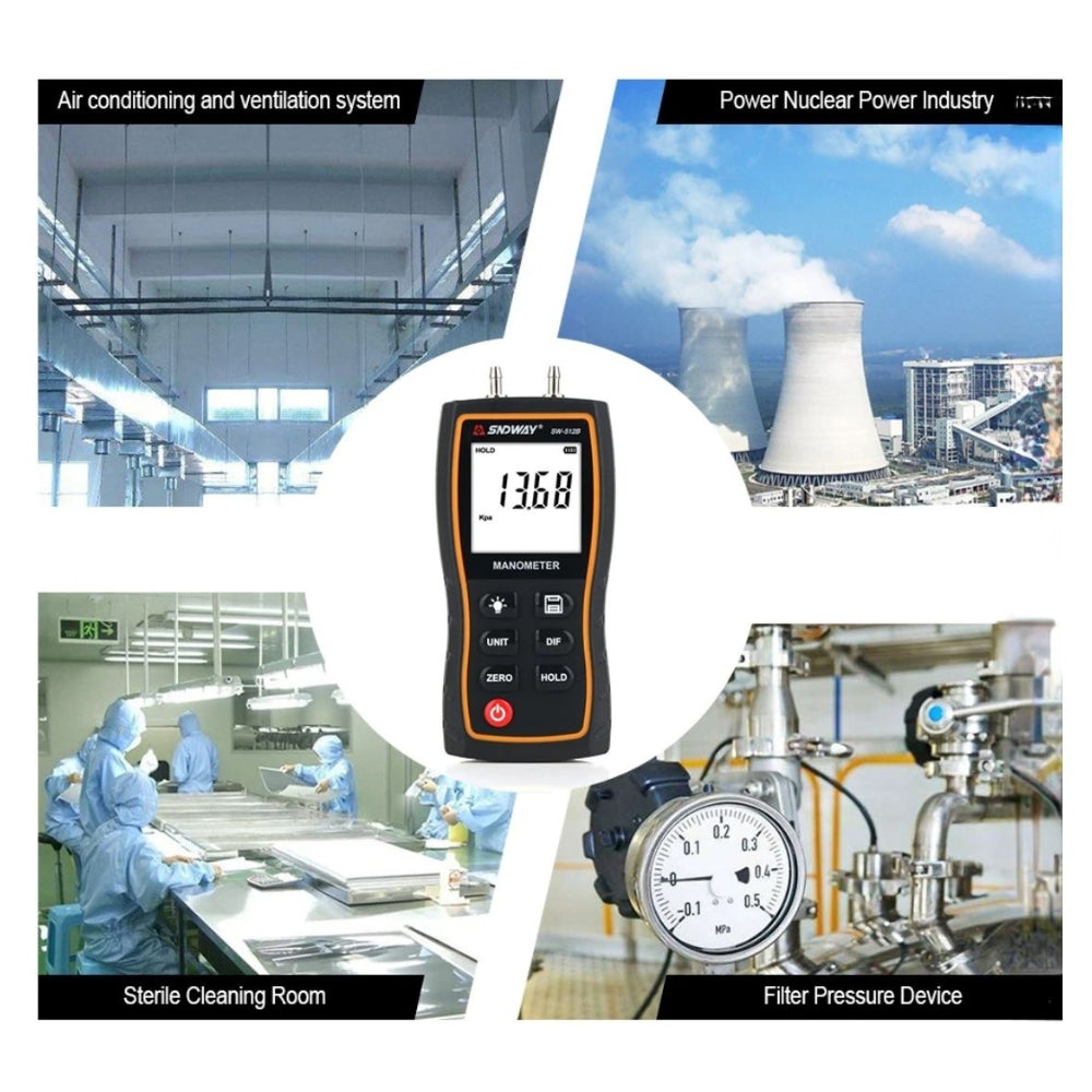 SNDWAY Digital Manometer Air Pressure Gauge with +39.99 kPA Measurement Range, LCD Display, Multi-Unit Switching and 3.18mm Pressure Connection | SW-512B