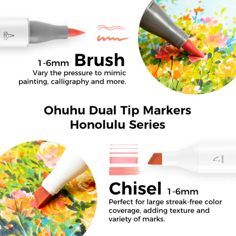 Ohuhu Honolulu Series Alcohol Based 48 Mid-Tone Colors plus Colorless Blender Dual Tipped Brush Markers for Coloring and Illustration for Kids and Adults (Brush and Chisel) Y30-80403-66