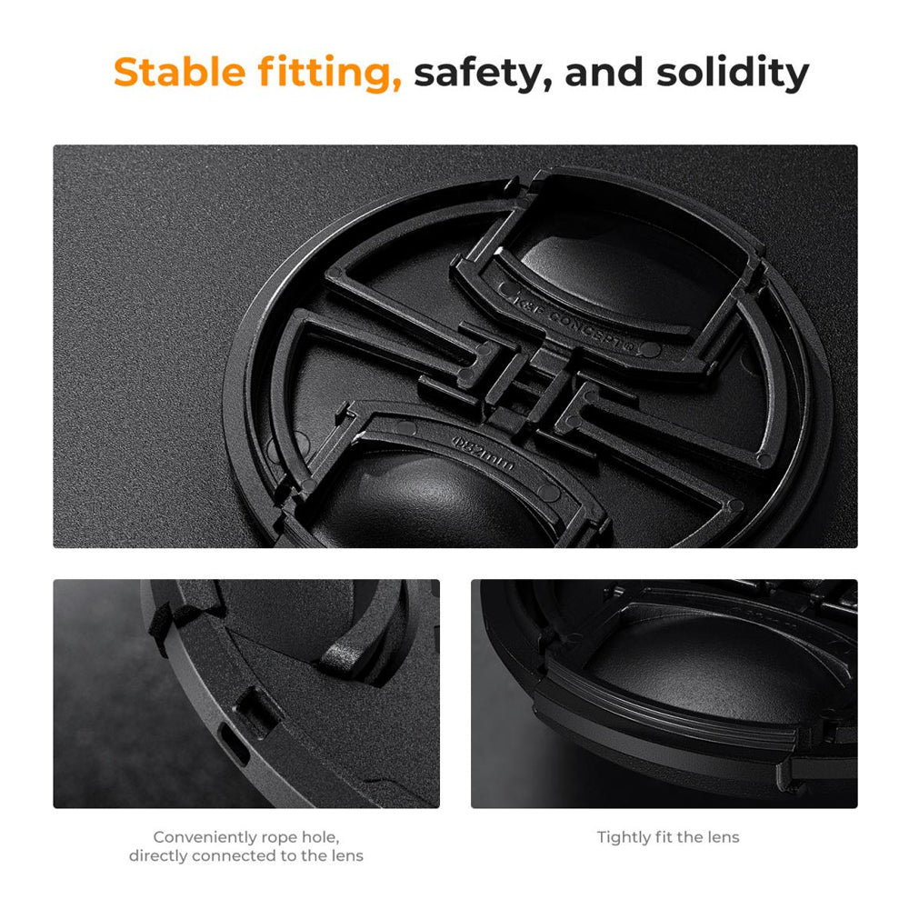 K&F Concept Sp-On Center Pinch Camera Lens Cap with Wrist Strap & Microfiber Cleaning Cloths for FUJIFILM Sony Canon Nikon Panasonic Lumix Olympus OM SYSTEM - Available in 49mm 52mm 55mm 58mm 62mm 67mm 72mm 77mm 82mm
